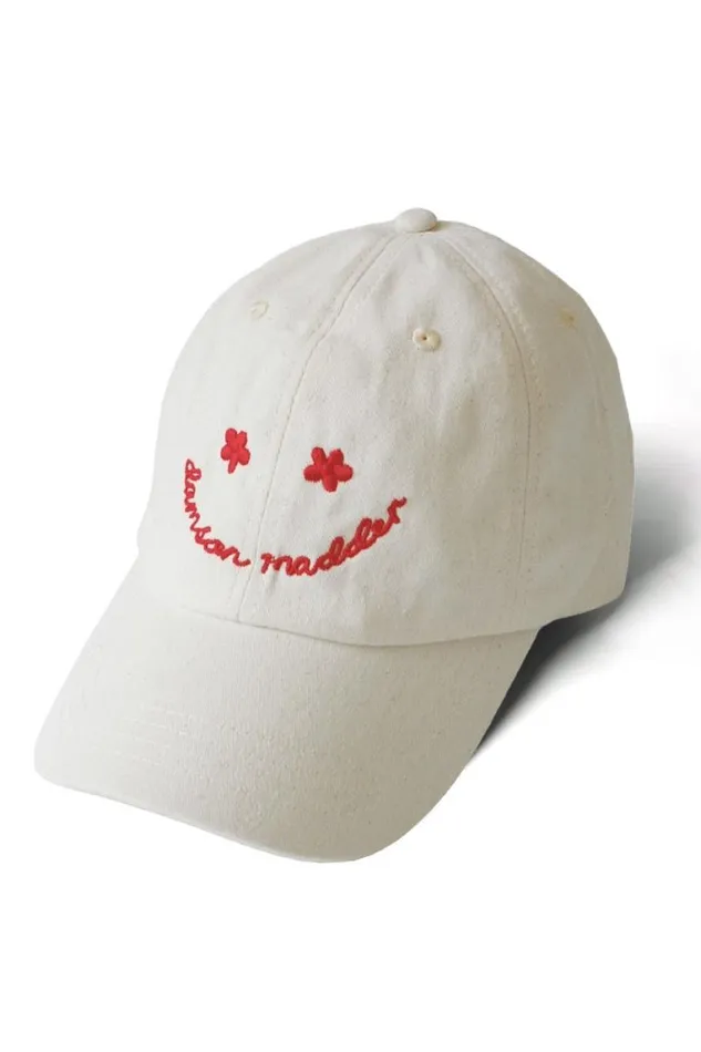 Women Damson Madder Hats Smiley Cap In Natural With Red Embroidery