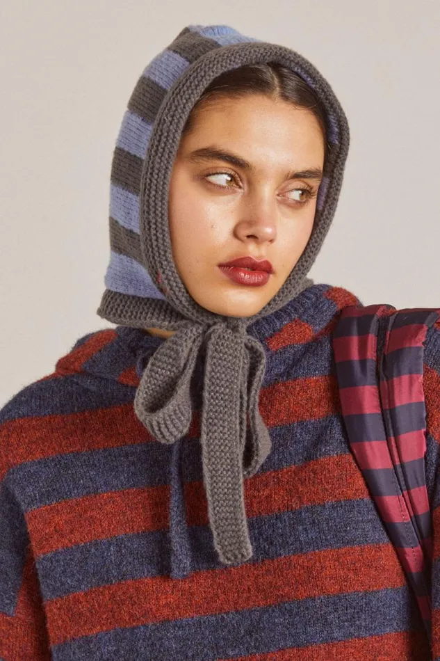 Women Damson Madder Hats Tie Neck Bonnet In Grey and Blue Stripe