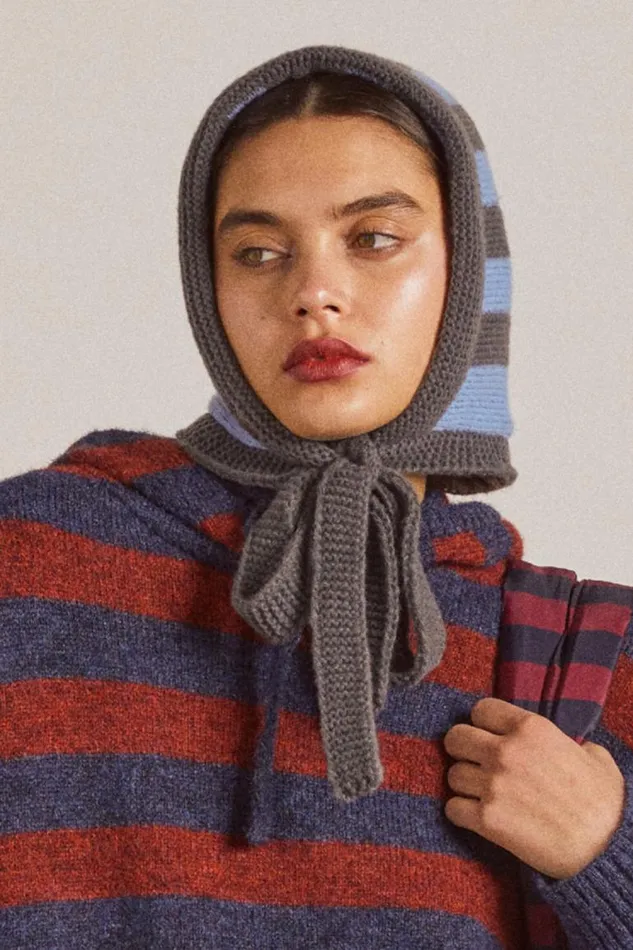 Women Damson Madder Hats Tie Neck Bonnet In Grey and Blue Stripe