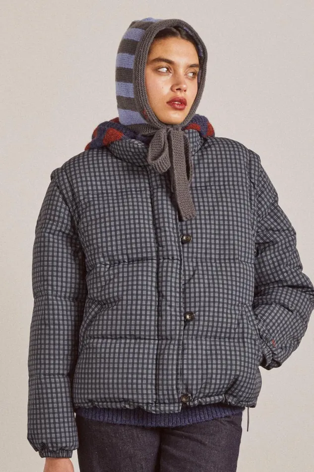 Women Damson Madder Hats Tie Neck Bonnet In Grey and Blue Stripe