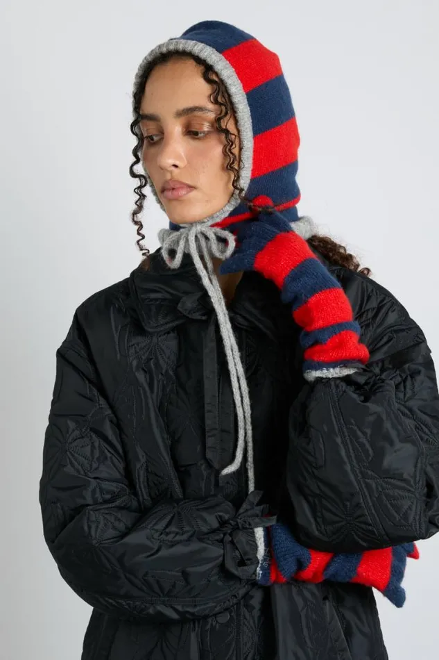 Women Damson Madder Hoods Hood In Red and Navy With Grey Tie