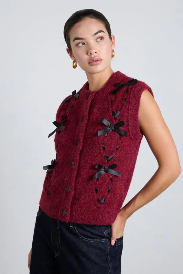 Women Damson Madder Knitwear Aggie Knit Vest With Bows Burgundy Cable