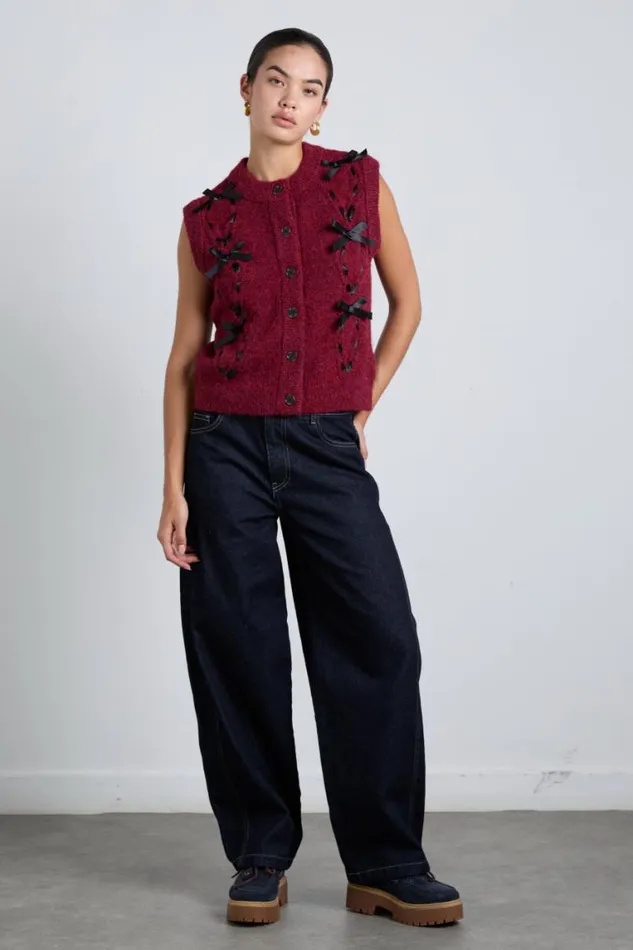 Women Damson Madder Knitwear Aggie Knit Vest With Bows Burgundy Cable