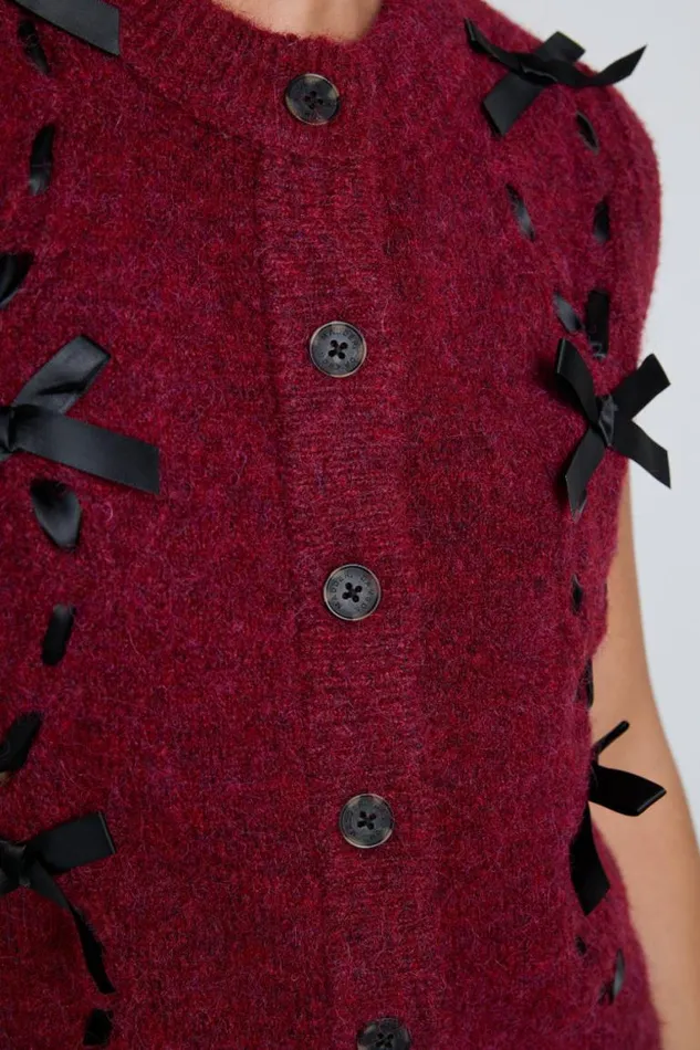 Women Damson Madder Knitwear Aggie Knit Vest With Bows Burgundy Cable