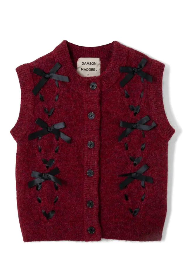 Women Damson Madder Knitwear Aggie Knit Vest With Bows Burgundy Cable