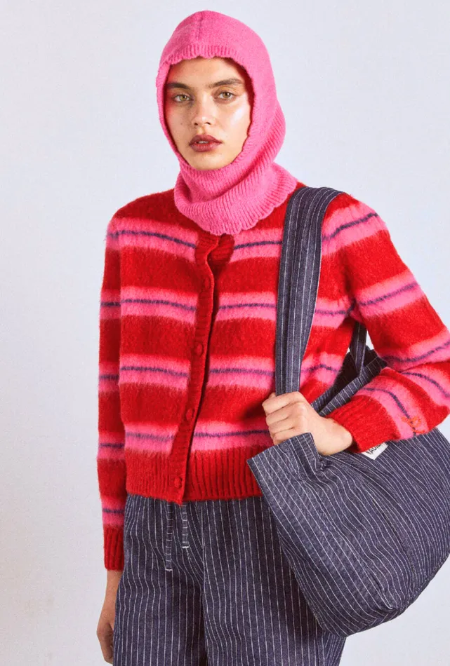 Women Damson Madder Knitwear Cece Stripe Cardigan 8211 Red and Pink Stripe