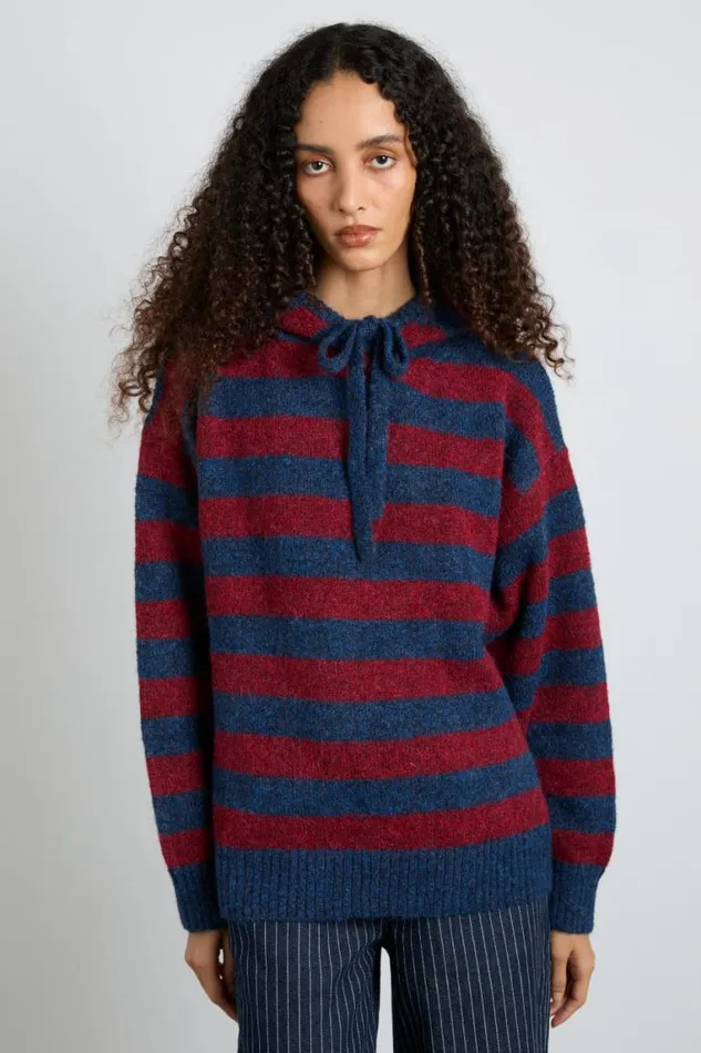 Women Damson Madder Knitwear Riley Knit Hoodie 8211 Red Navy Stripe