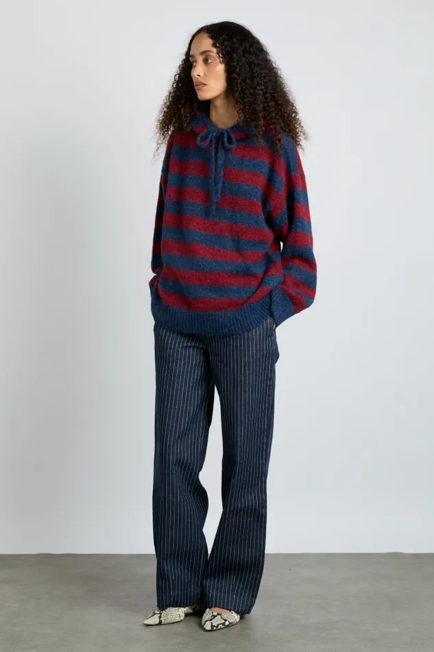 Women Damson Madder Knitwear Riley Knit Hoodie 8211 Red Navy Stripe
