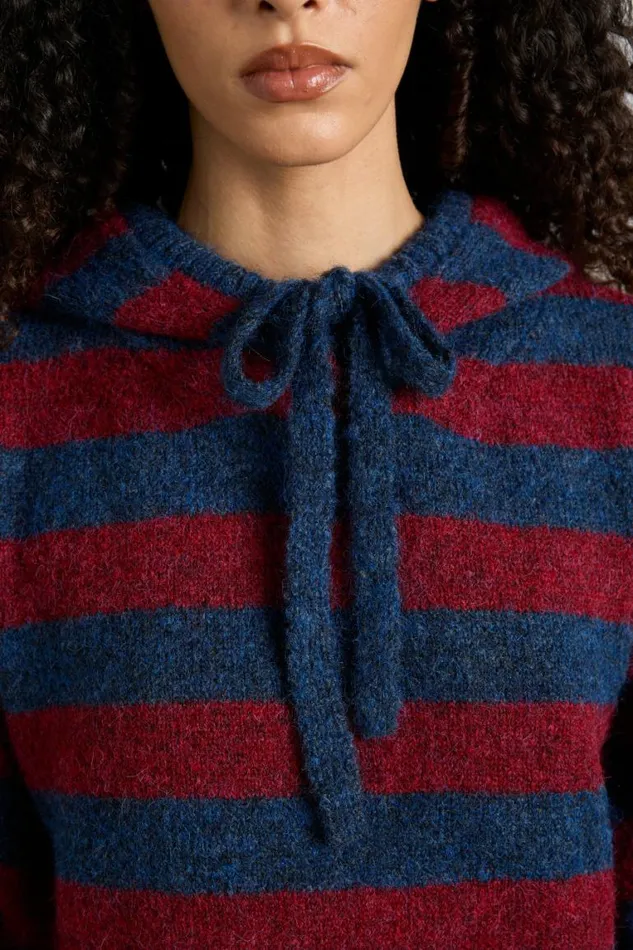 Women Damson Madder Knitwear Riley Knit Hoodie 8211 Red Navy Stripe