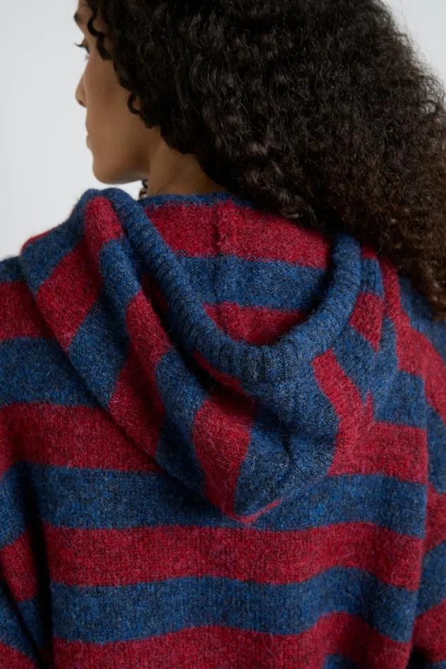 Women Damson Madder Knitwear Riley Knit Hoodie 8211 Red Navy Stripe