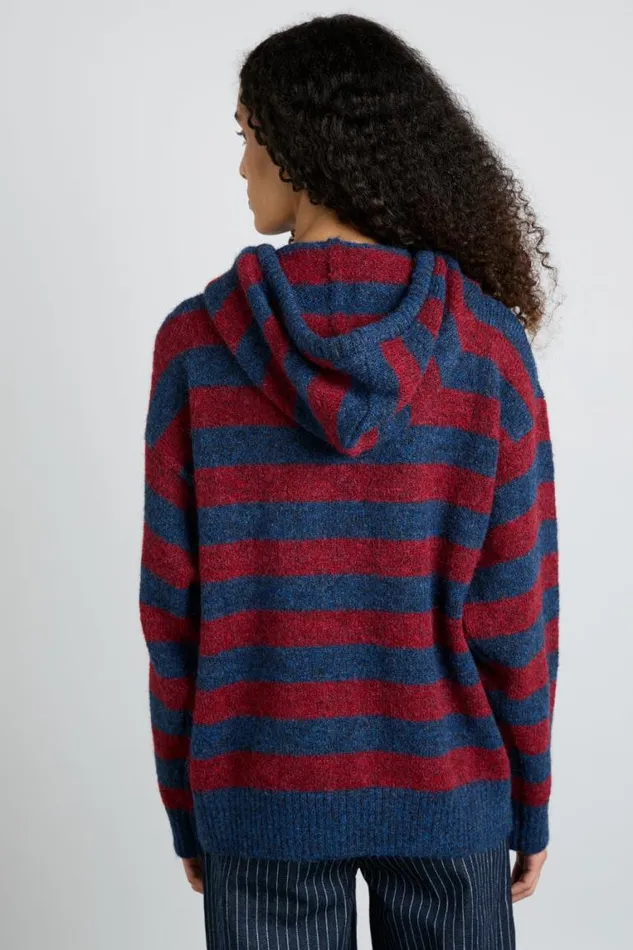 Women Damson Madder Knitwear Riley Knit Hoodie 8211 Red Navy Stripe