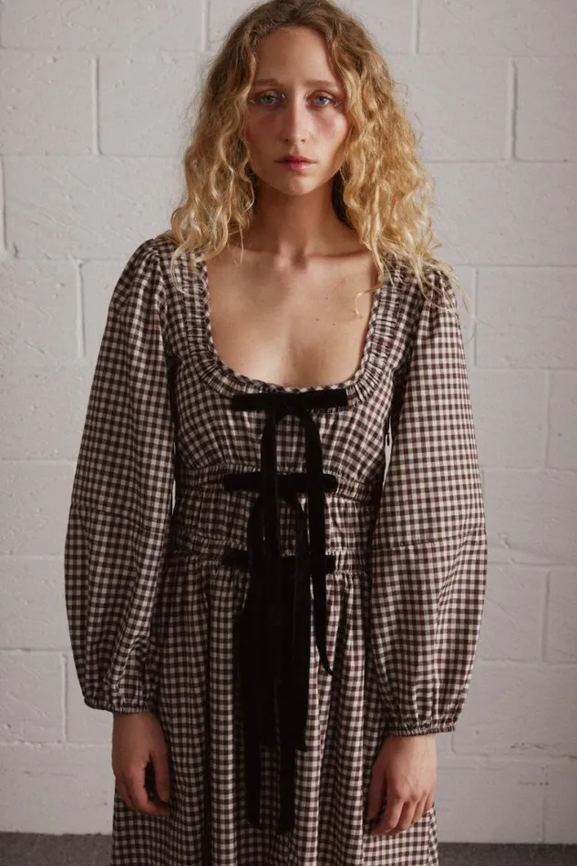 Women Damson Madder Occasion Wear Dakota Bow Midi Dress 8211 Chocolate Check