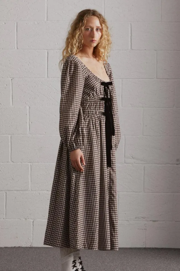Women Damson Madder Occasion Wear Dakota Bow Midi Dress 8211 Chocolate Check