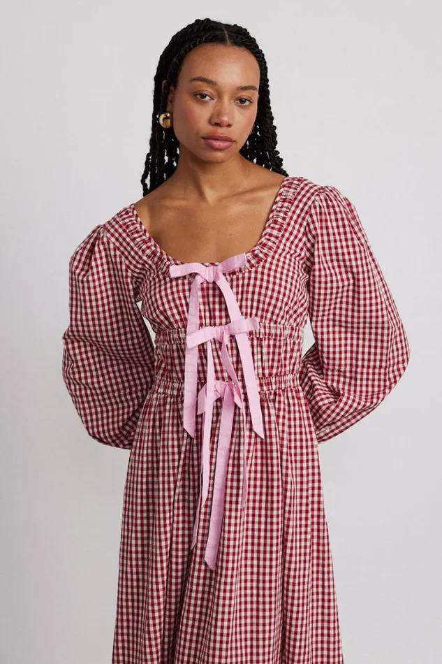 Women Damson Madder Occasion Wear Dakota Bow Midi Dress 8211 Red Gingham