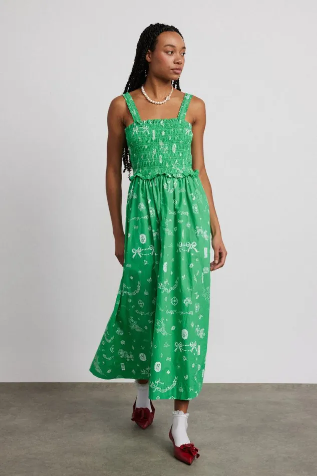 Women Damson Madder Occasion Wear Keira Shirred Midi Dress 8211 Green Symbol Print