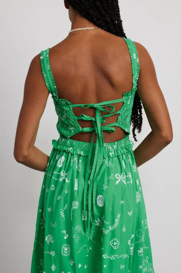 Women Damson Madder Occasion Wear Keira Shirred Midi Dress 8211 Green Symbol Print