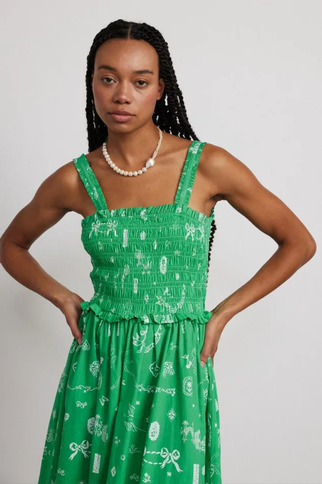 Women Damson Madder Occasion Wear Keira Shirred Midi Dress 8211 Green Symbol Print