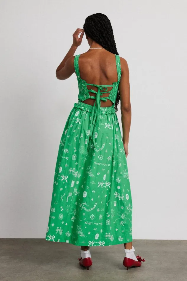 Women Damson Madder Occasion Wear Keira Shirred Midi Dress 8211 Green Symbol Print