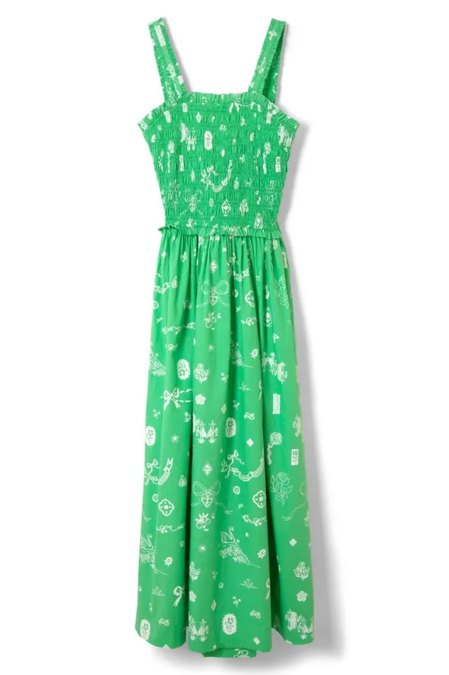 Women Damson Madder Occasion Wear Keira Shirred Midi Dress 8211 Green Symbol Print