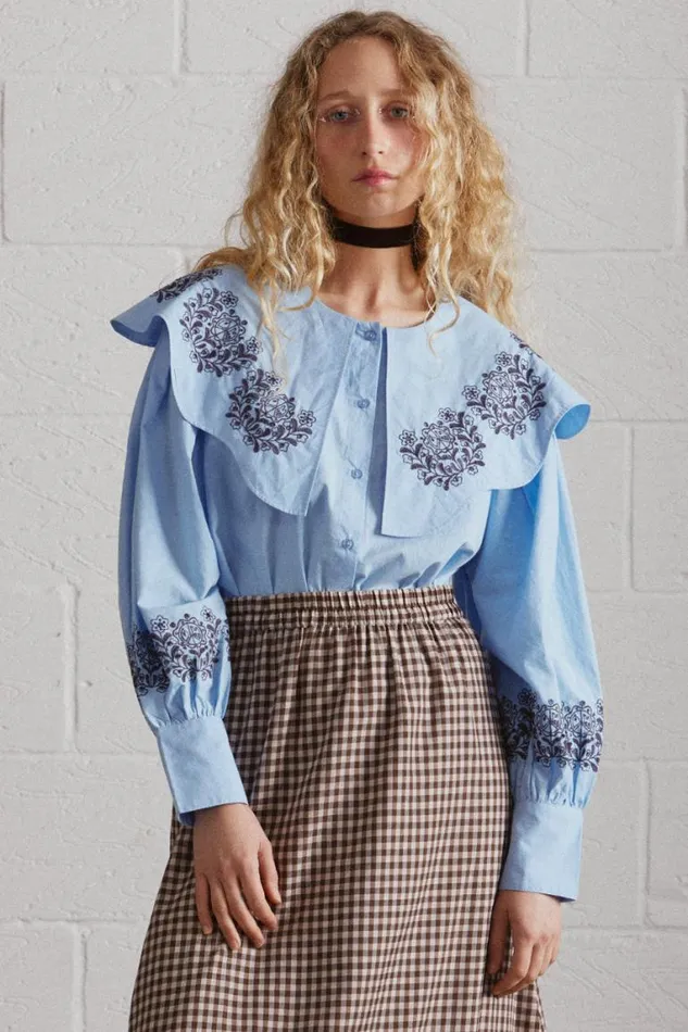 Women Damson Madder Occasion Wear Romeo Embroidered Blouse Blue