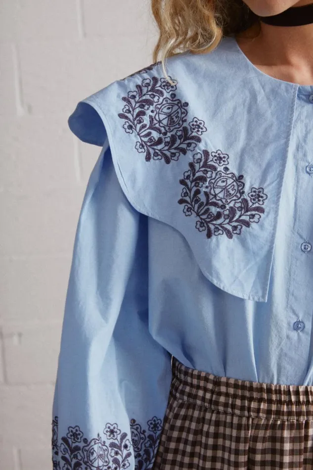 Women Damson Madder Occasion Wear Romeo Embroidered Blouse Blue