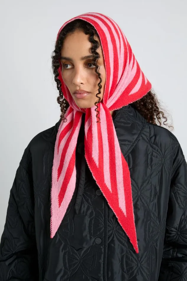 Women Damson Madder Scarves Knitted Triangle Headscarf In Pink and Red Stripe Women Damson Madder Scarves Knitted Triangle Headscarf In Pink and Red Stripe
