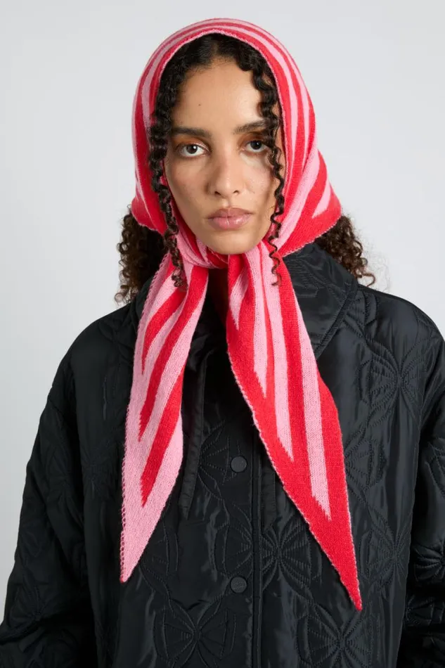 Women Damson Madder Scarves Knitted Triangle Headscarf In Pink and Red Stripe
