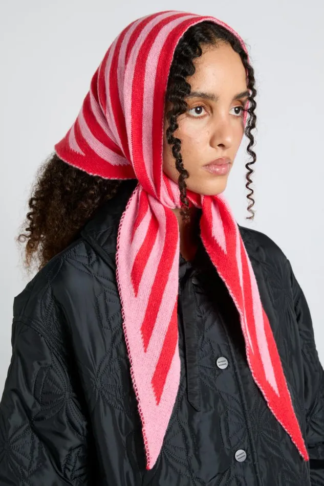 Women Damson Madder Scarves Knitted Triangle Headscarf In Pink and Red Stripe