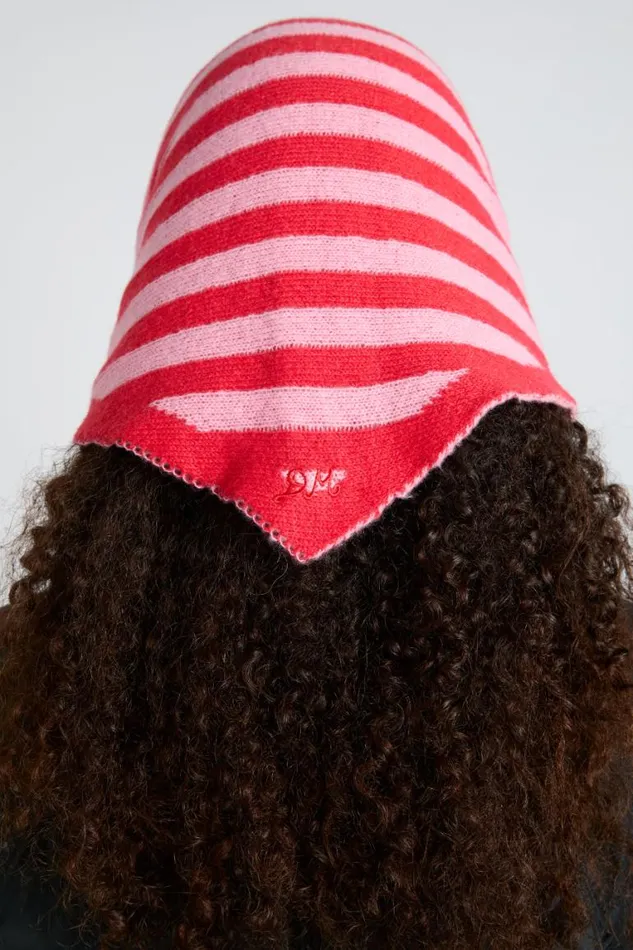 Women Damson Madder Scarves Knitted Triangle Headscarf In Pink and Red Stripe