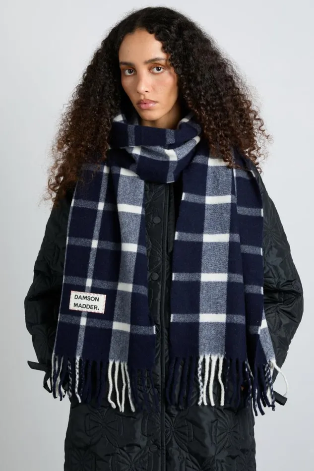 Women Damson Madder Scarves Navy and Ecru Check Scarf In Responsible Wool