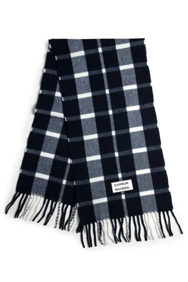Women Damson Madder Scarves Navy and Ecru Check Scarf In Responsible Wool