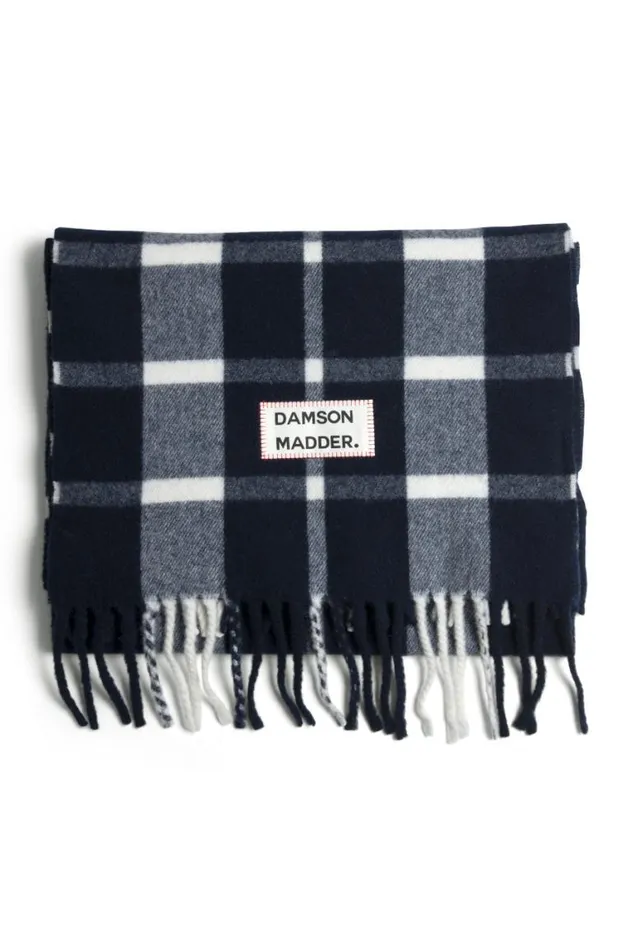 Women Damson Madder Scarves Navy and Ecru Check Scarf In Responsible Wool