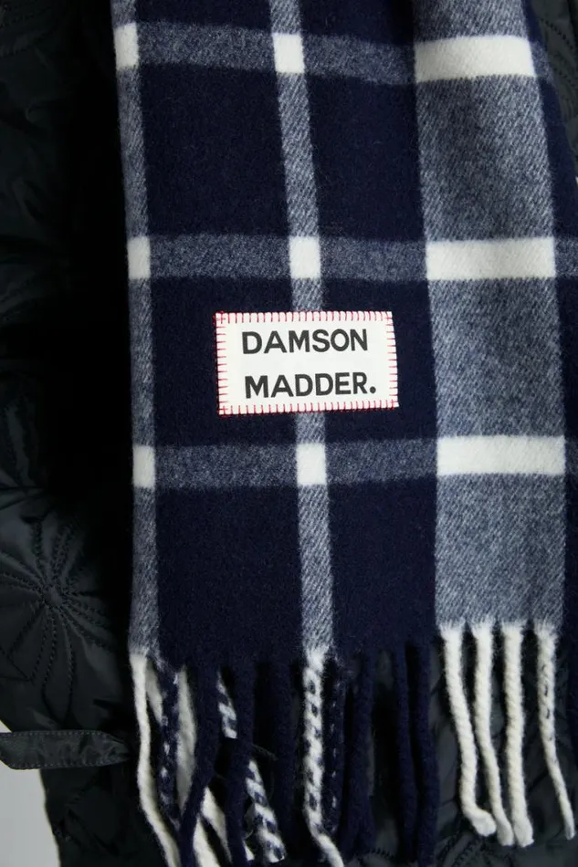 Women Damson Madder Scarves Navy and Ecru Check Scarf In Responsible Wool