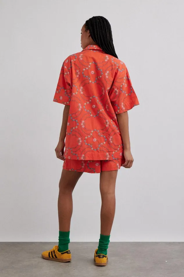 Women Damson Madder Shorts Table Cloth Shorts 8211 Red Flower Embroidery