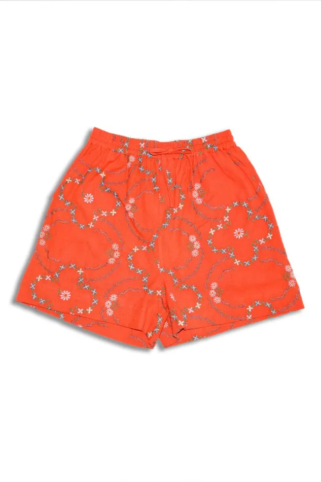 Women Damson Madder Shorts Table Cloth Shorts 8211 Red Flower Embroidery