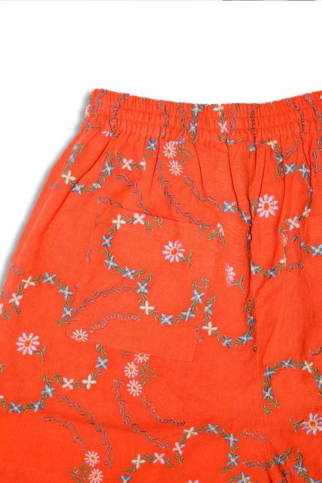 Women Damson Madder Shorts Table Cloth Shorts 8211 Red Flower Embroidery