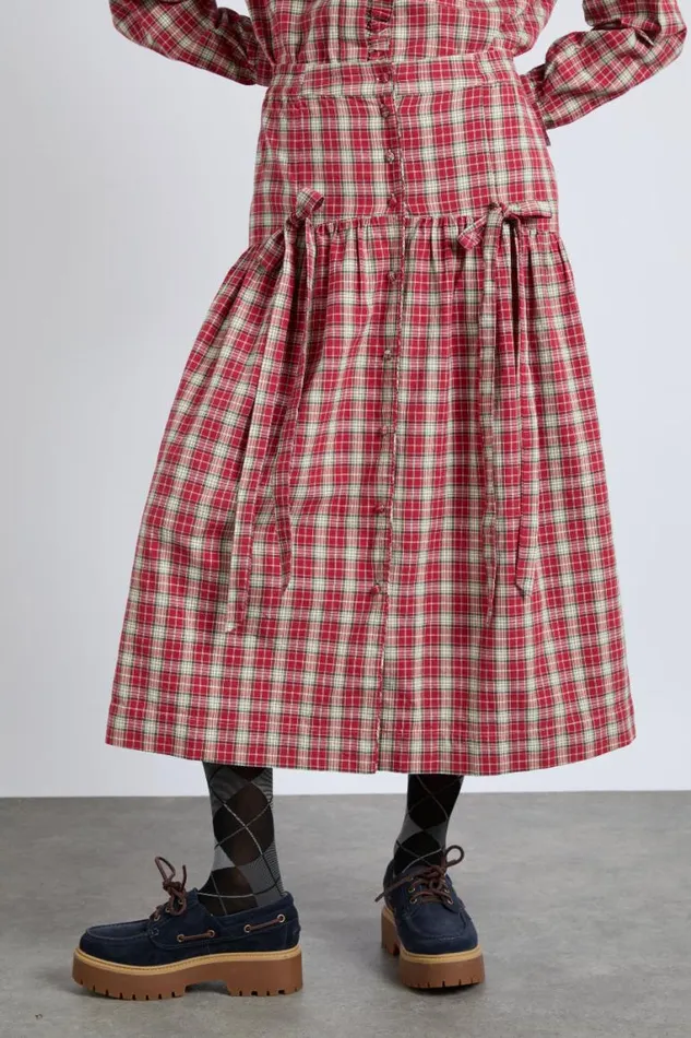 Women Damson Madder Skirts Bronte Button Through Midi Skirt 8211 Red Check