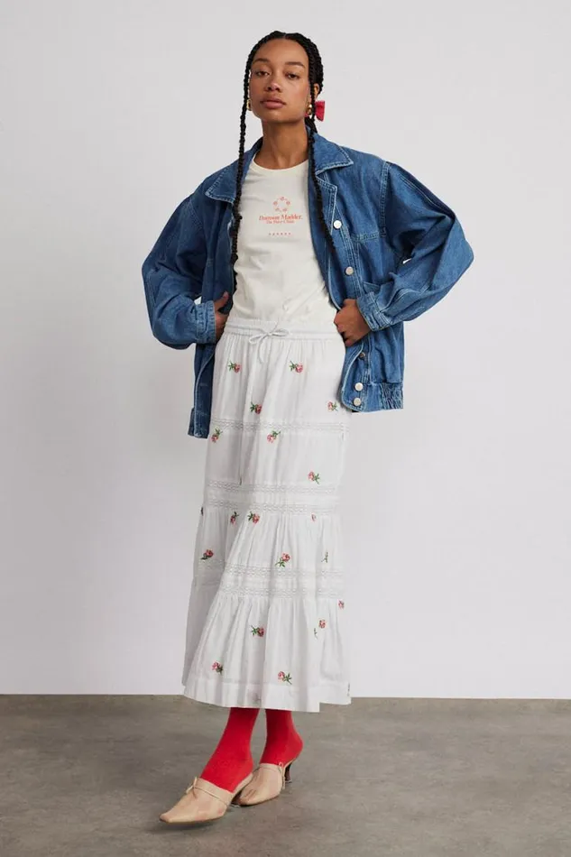 Women Damson Madder Skirts Eden Lace Midi Skirt 8211 Rose Embroidery