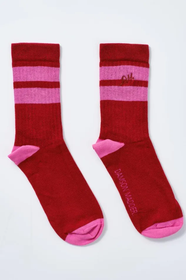Women Damson Madder Socks Calf Length Socks 8211 Red and Pink Stripe