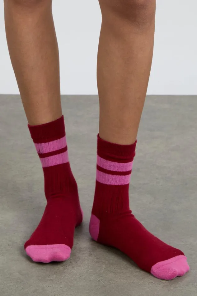 Women Damson Madder Socks Calf Length Socks 8211 Red and Pink Stripe