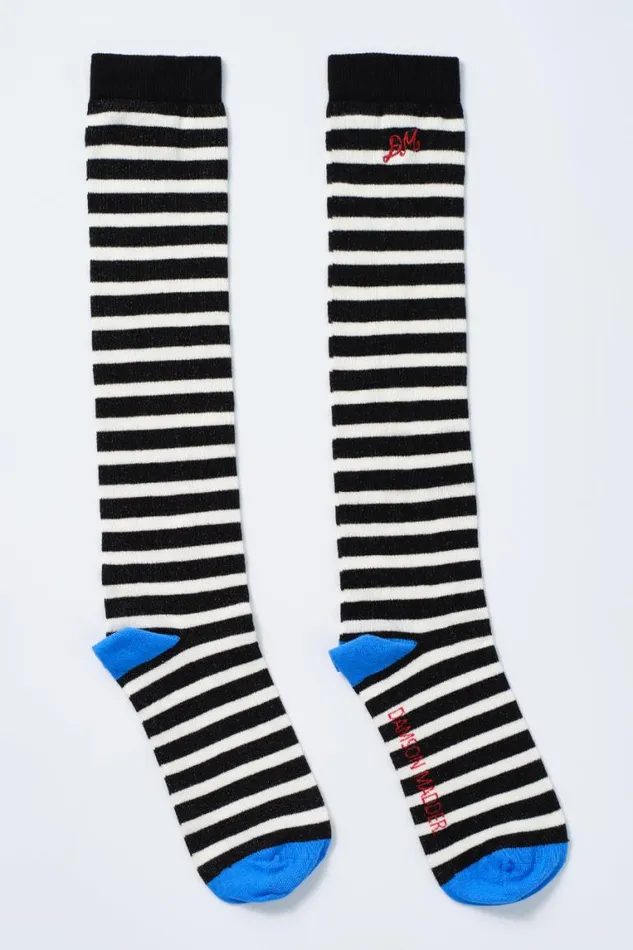 Women Damson Madder Socks Knee Length Socks 8211 Black and White Stripe
