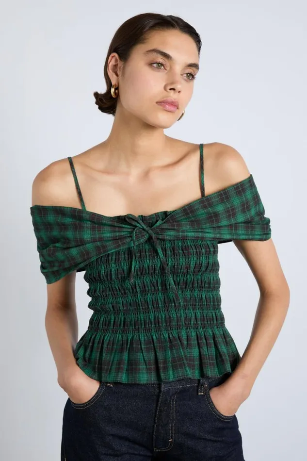 Women Damson Madder Tops Elsa Shirred Bardot Cami 8211 Green Check