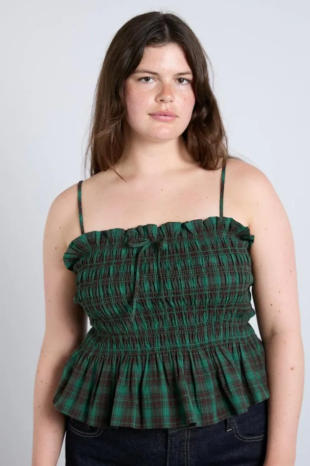 Women Damson Madder Tops Elsa Shirred Bardot Cami 8211 Green Check