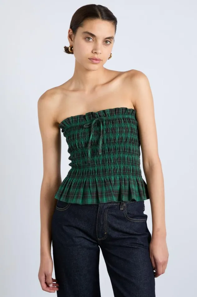 Women Damson Madder Tops Elsa Shirred Bardot Cami 8211 Green Check