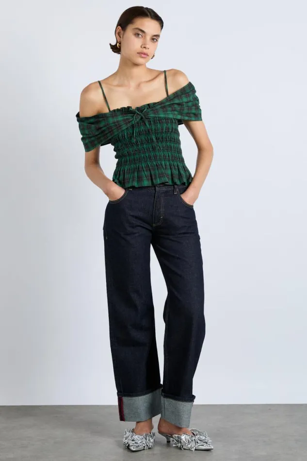 Women Damson Madder Tops Elsa Shirred Bardot Cami 8211 Green Check