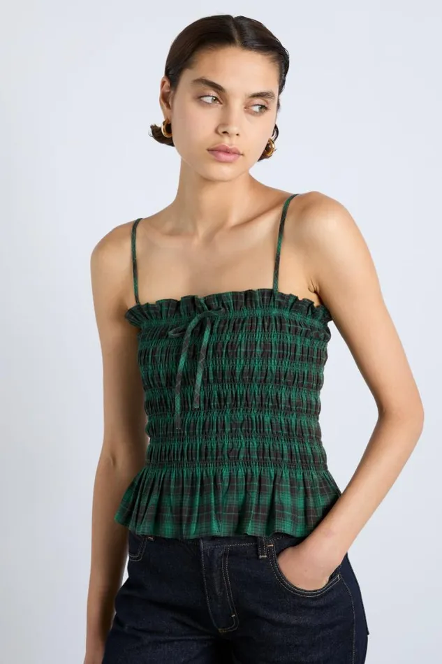 Women Damson Madder Tops Elsa Shirred Bardot Cami 8211 Green Check