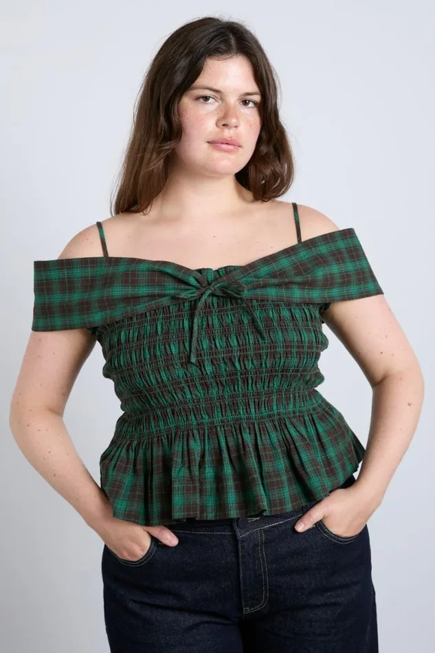 Women Damson Madder Tops Elsa Shirred Bardot Cami 8211 Green Check