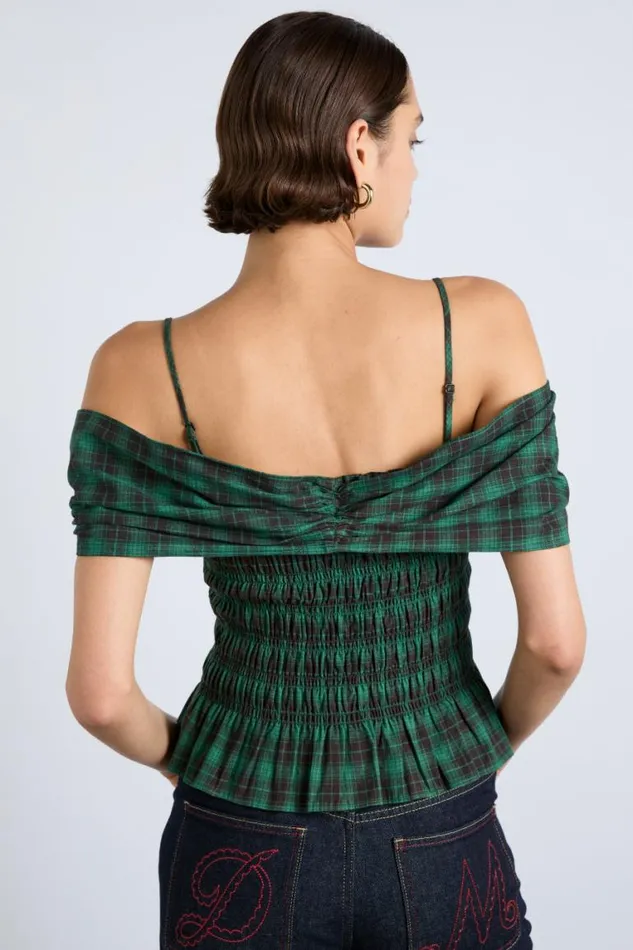 Women Damson Madder Tops Elsa Shirred Bardot Cami 8211 Green Check