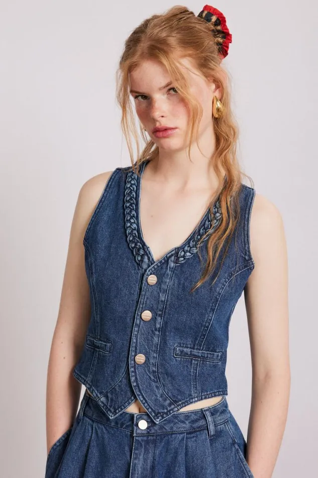 Women Damson Madder Tops Isla Denim Waistcoat 8211 Vintage Wash