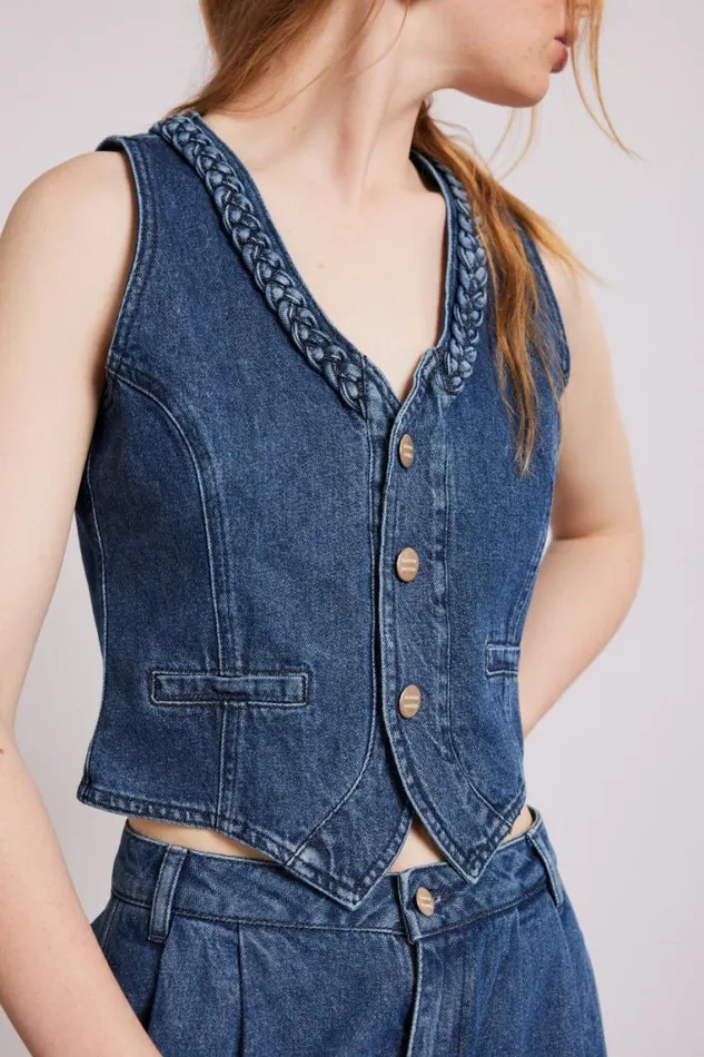 Women Damson Madder Tops Isla Denim Waistcoat 8211 Vintage Wash